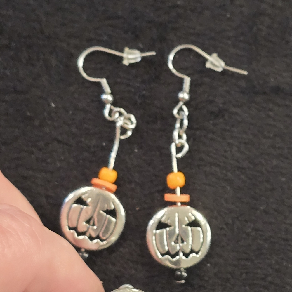 Handmade Silver Pumpkin Earrings with Black and Orange Accent Beads